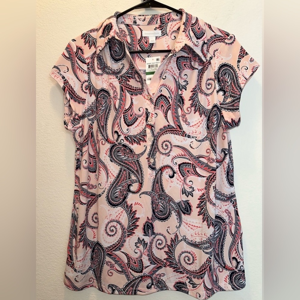 Charter Club Pink Paisley Cap Sleeve Blouse with button detail L